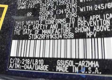 2019 Toyota Highlander Xle z USA, uszkodzony, nr VIN 5TDKZRFH1KS341598